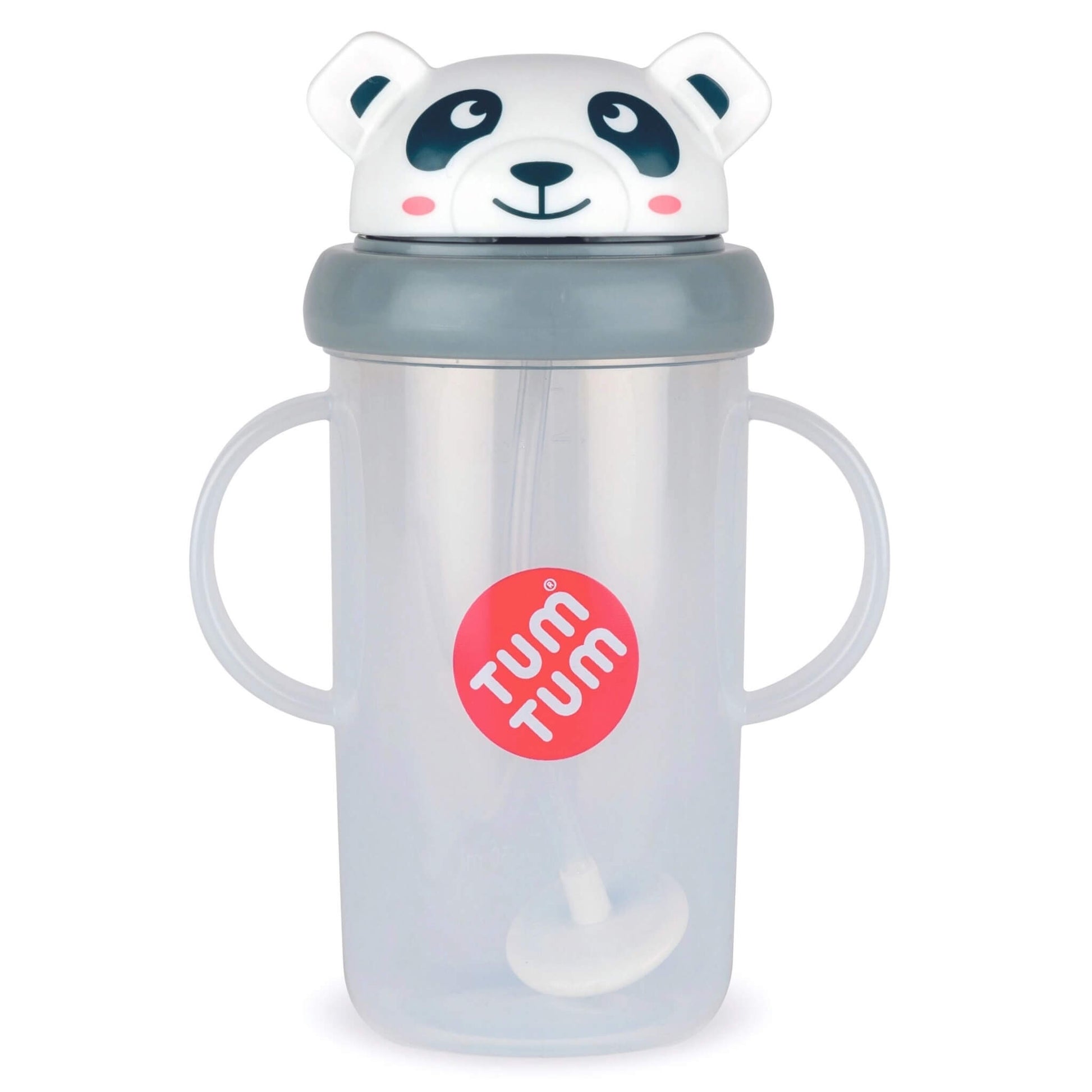 A translucent baby cup with two handles, a gray lid, and a white panda-shaped lid topper. A red circular sticker on the front reads 'TUM TUM'.