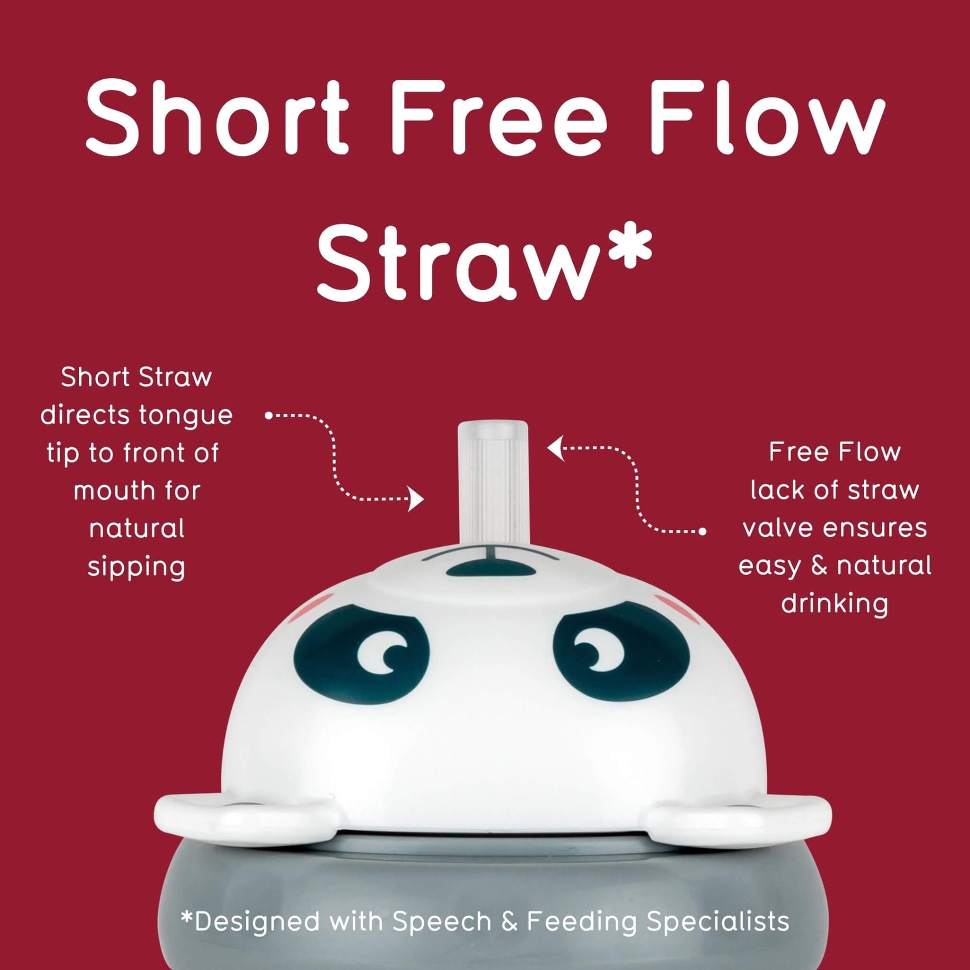 Product illustration of a 'Short Free Flow Straw' with features highlighted on a red background.