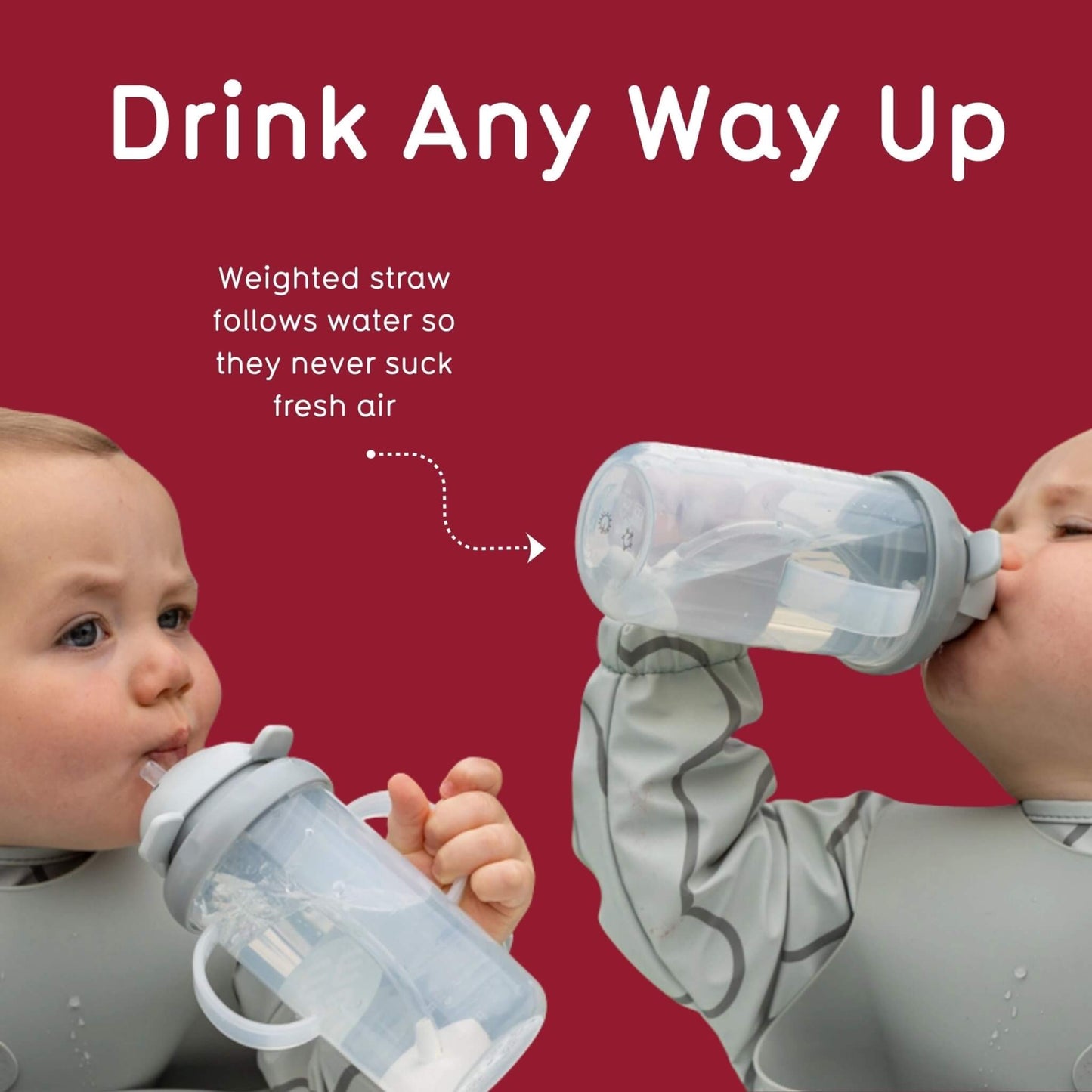 Two children drinking from sippy cups with a red background and text about the product features.