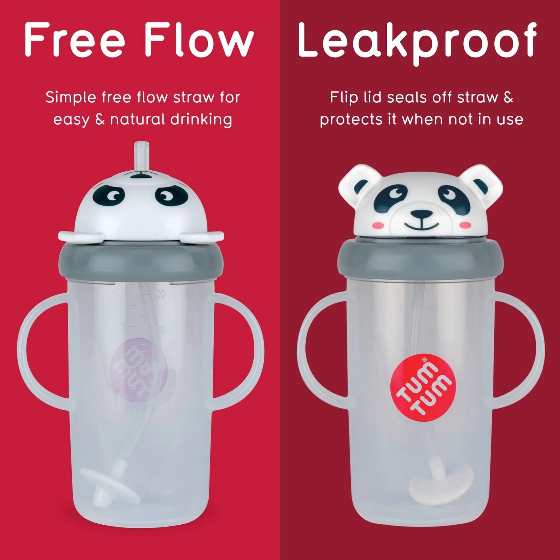 Two Tum Tum children's sippy cups with panda lids on a red background, highlighting free flow and leakproof features.
