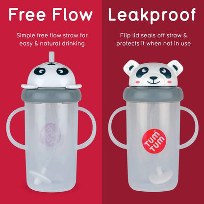 Two Tum Tum children's sippy cups with panda lids on a red background, highlighting free flow and leakproof features.