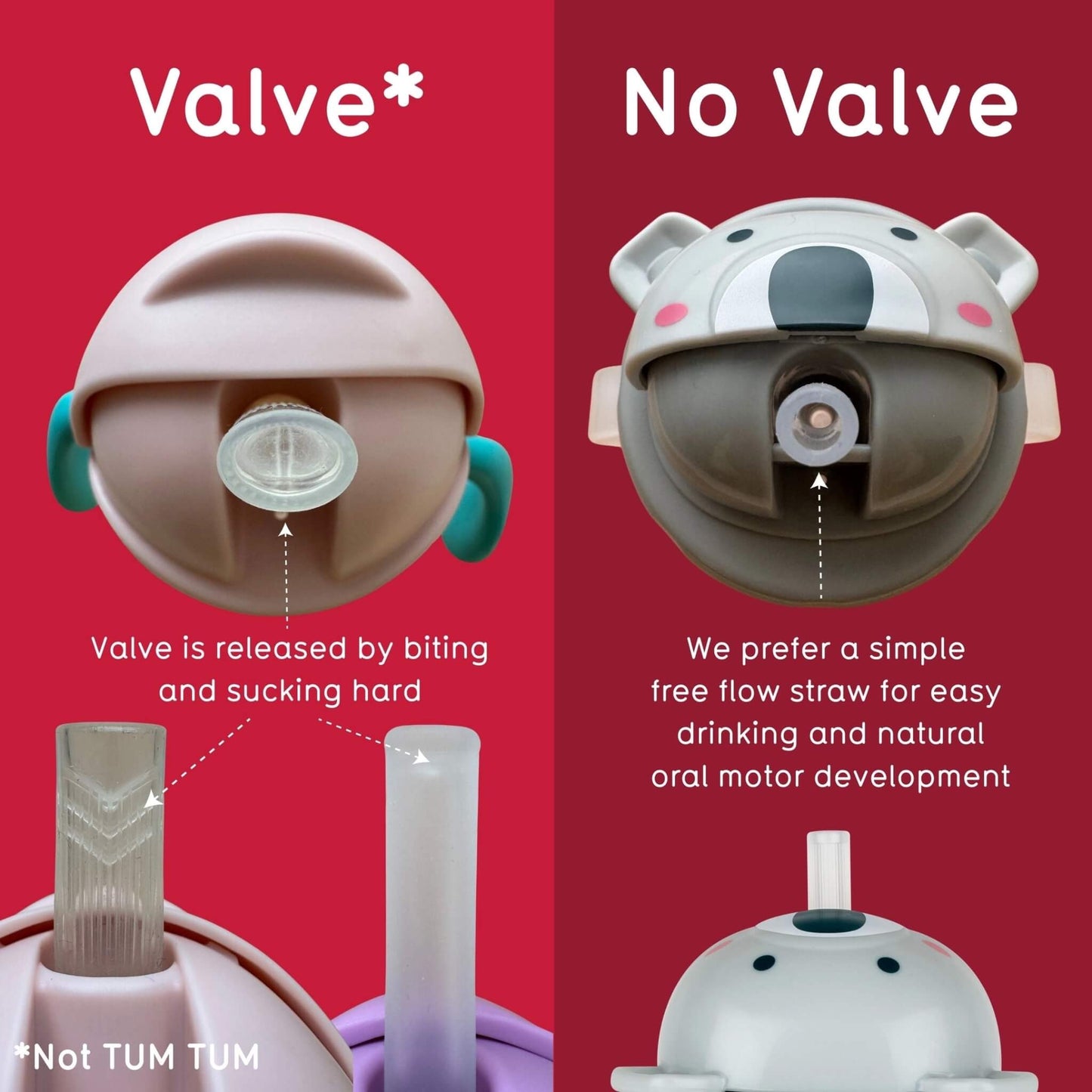 Comparison of a valve-equipped and valve-less straw device on a red background