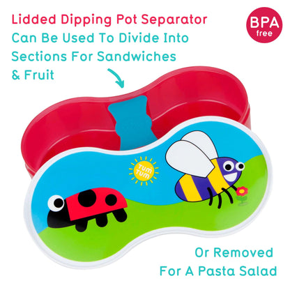 Child's Lunch Box with Dipping Pot Separator (Bugs), featuring a ladybird and bee design, BPA-free, with sections for different foods. 