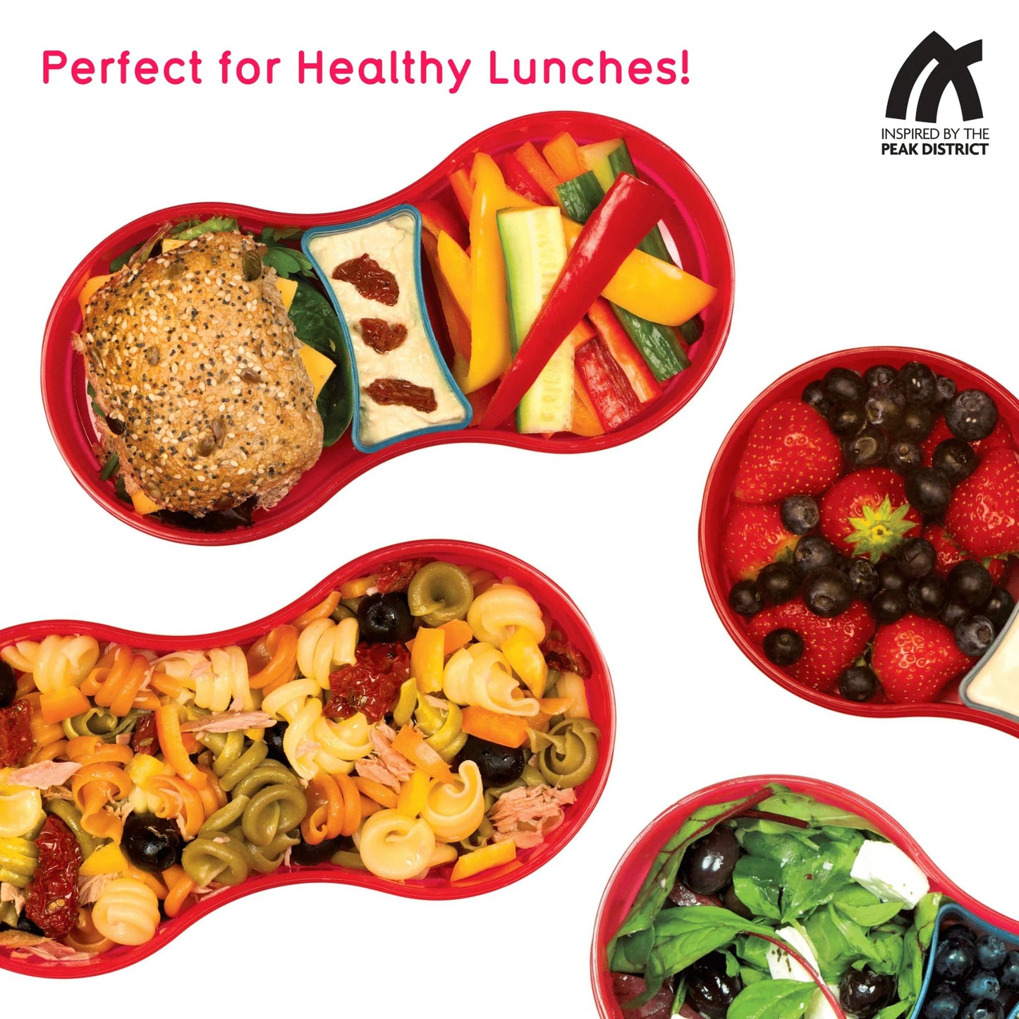 An open kid's Lunch Box with Dipping Pot Separator, ideal for healthy lunches with compartments for sandwiches, pasta, fruit, and vegetables.