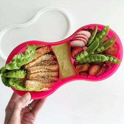 A shaped toddler Lunch Box with Dipping Pot Separator, featuring compartments for healthy meals with vegetables and dip, perfect for kids' lunches.