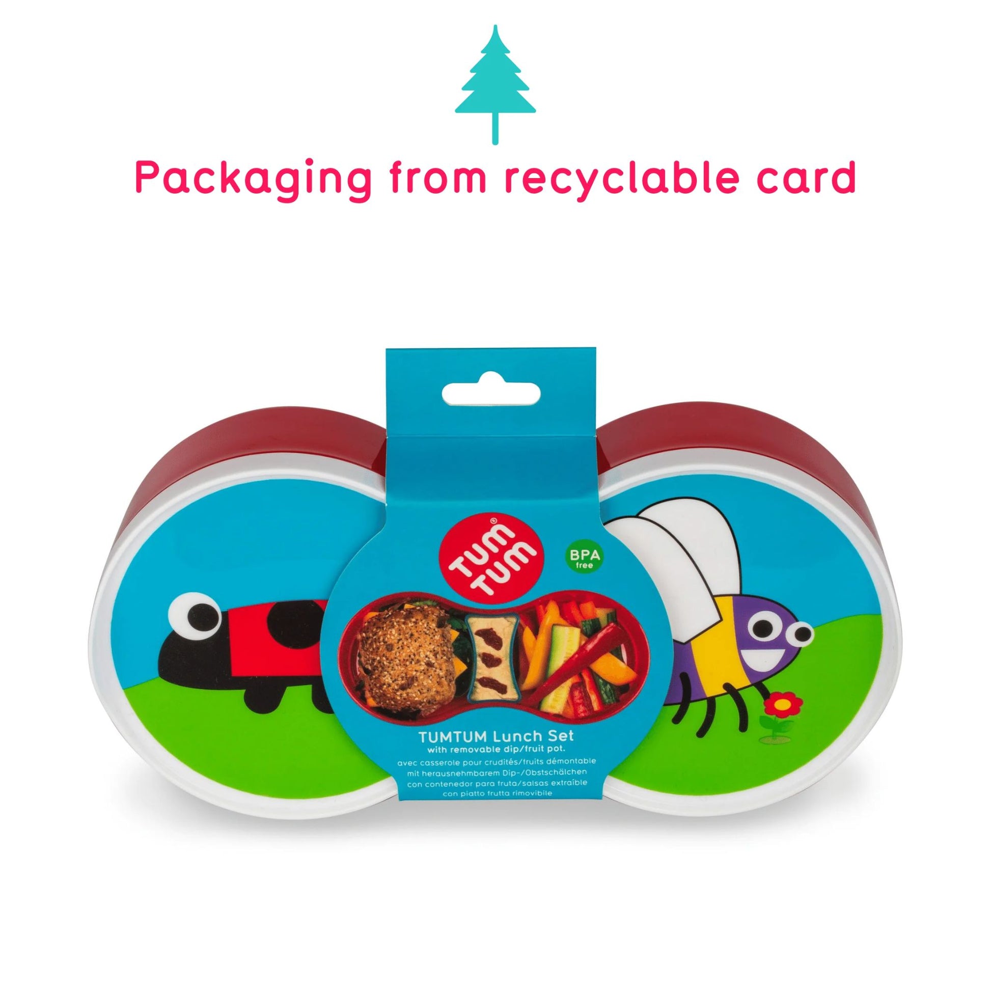 Toddler Lunch Box with Dipping Pot Separator, featuring a ladybird and bee design, BPA-free, with recyclable card packaging.