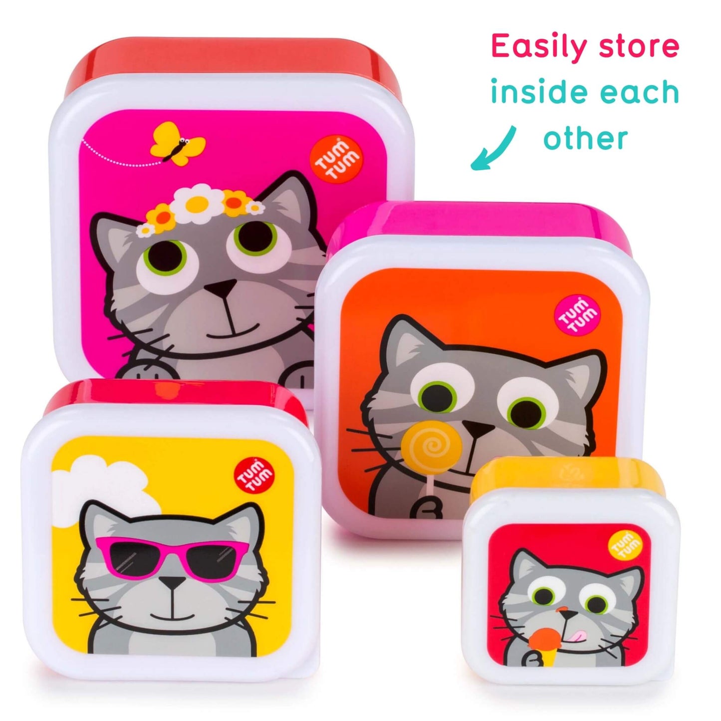 Four small square plastic storage containers with rounded corners, each featuring a different cartoon cat illustration on a bright colour background. The containers are shown in a clean studio-style arrangement on a white background, with promotional text reading 'Easily store inside each other.