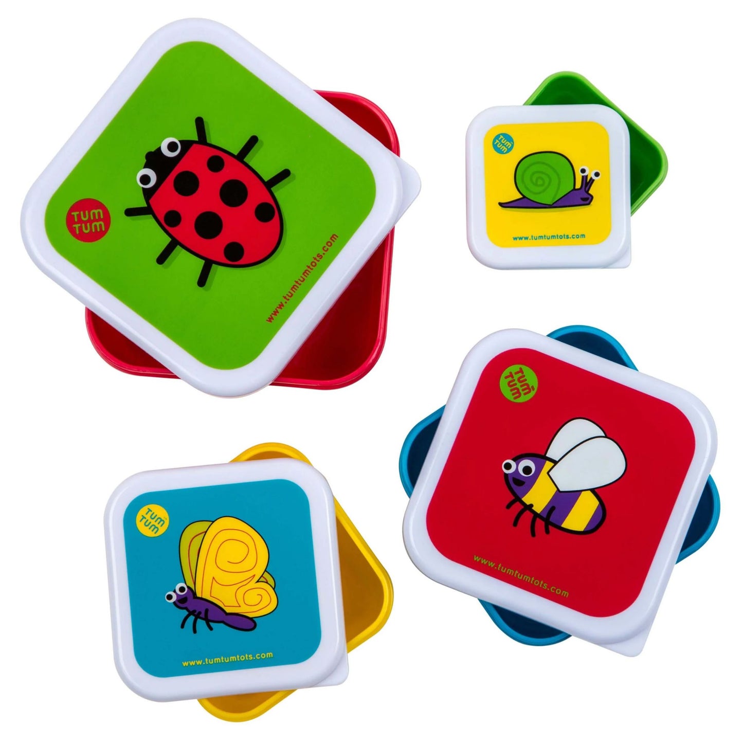 TUM TUM Nesting Snack Pots featuring colourful bug designs, including a ladybird, snail, bee, and butterfly, designed for kids' snacks.