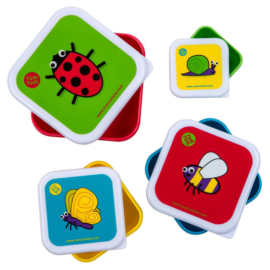 TUM TUM Nesting Snack Pots featuring colourful bug designs, including a ladybird, snail, bee, and butterfly, designed for kids' snacks.