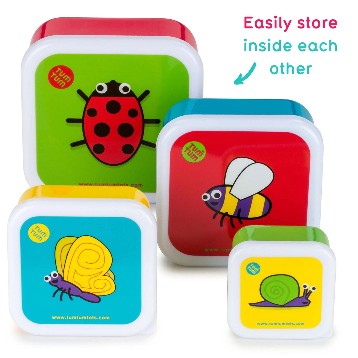 Childrens Nesting Snack Pots with colourful bug designs, easily stored inside each other, ideal for kids' snacks and lunches.