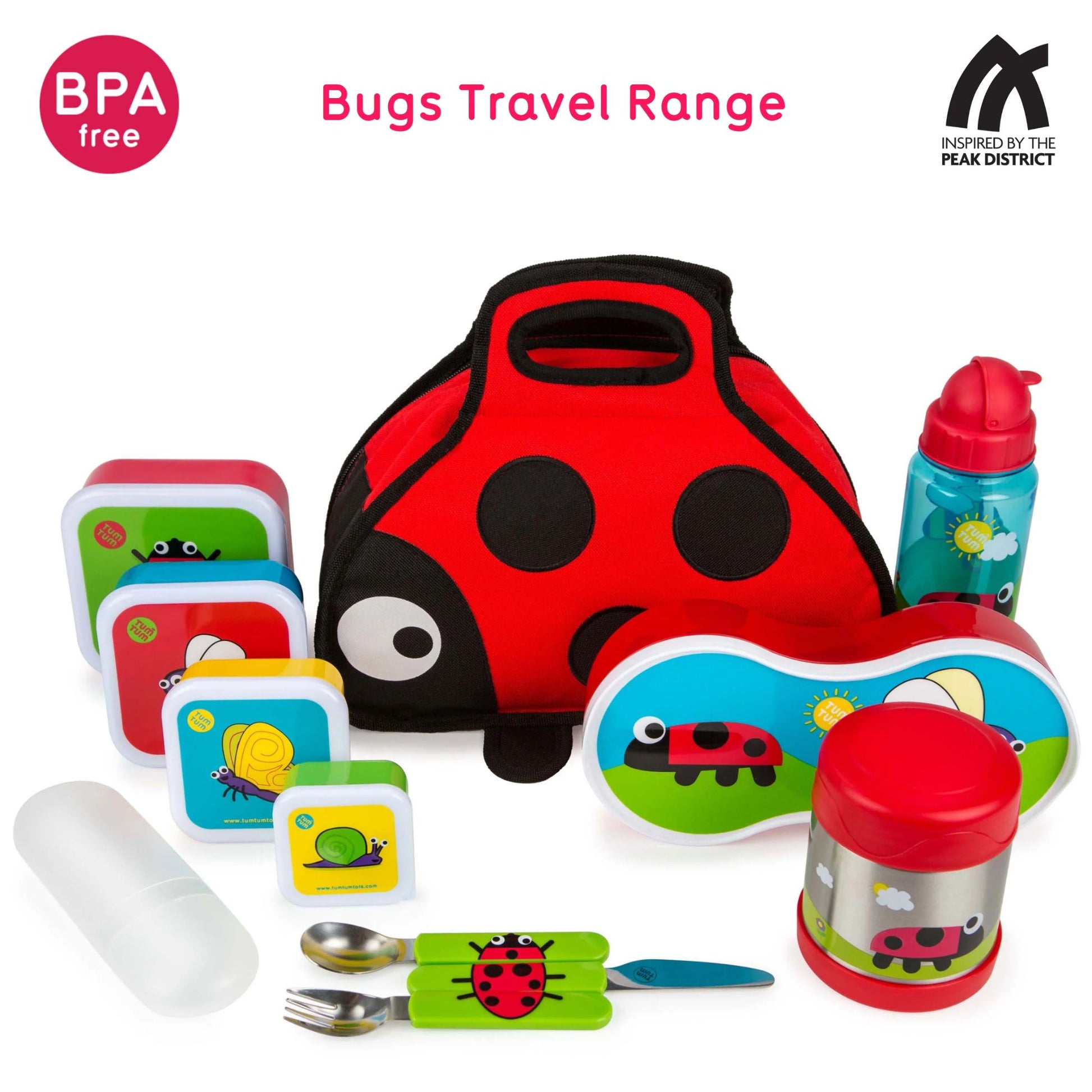 TUM TUM Bugs Travel Range featuring BPA-free nesting snack pots, cutlery, water bottle, thermos, and ladybird lunch bag for kids.