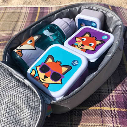 Kids nesting snack pots and water bottle , with a fox character design, packed inside a lunch bag, perfect for children's snacks and meals on the go.