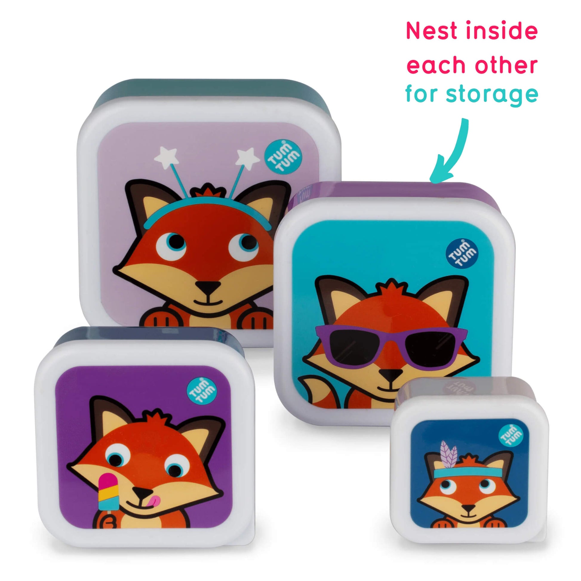 Children's nesting Snack Pots with colourful Felicity Fox design, easily stored inside each other, ideal for kids' snacks and lunches.