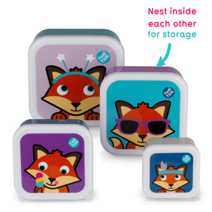Children's nesting Snack Pots with colourful Felicity Fox design, easily stored inside each other, ideal for kids' snacks and lunches.