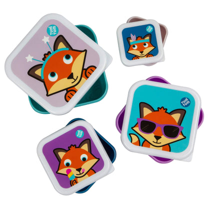 Kids Nesting Snack Pots with playful fox designs, perfect for children's snacks and lunches, compact and easy to store.