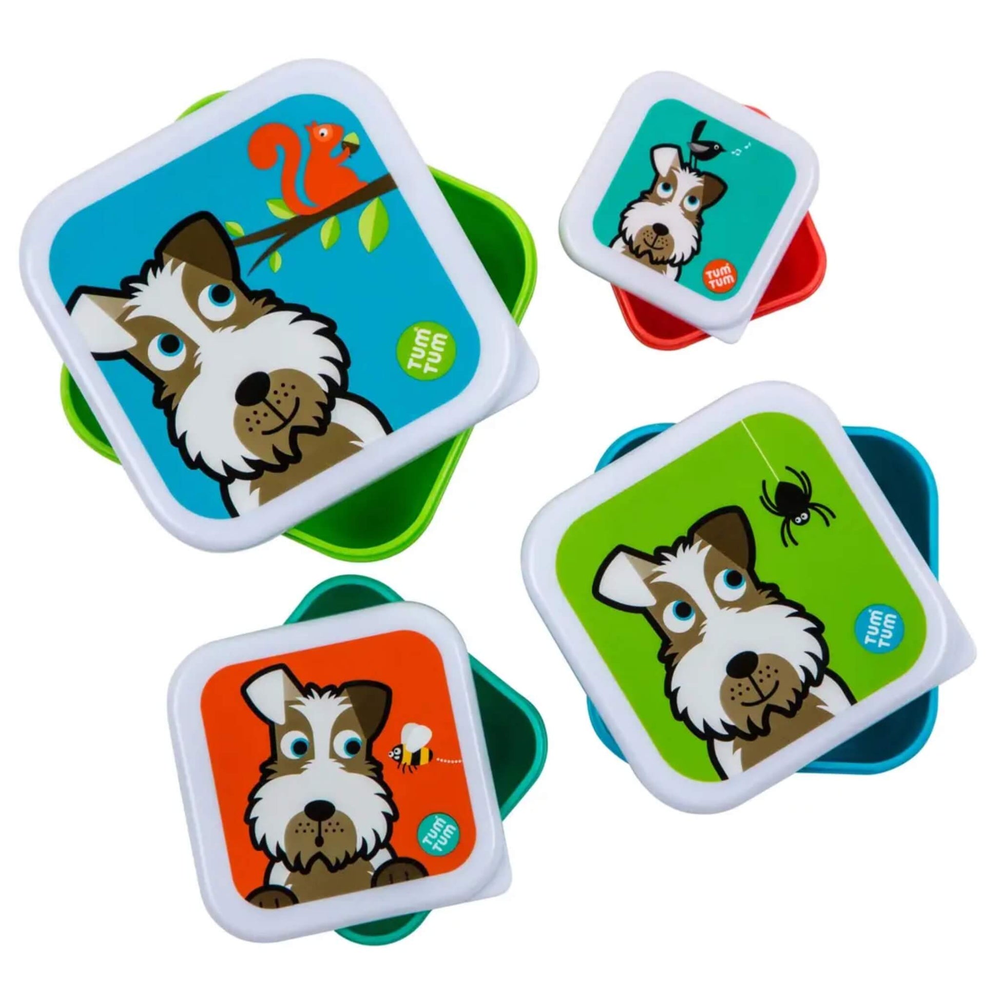 Four square plastic lunch containers with matching lids, each featuring a cartoon dog illustration on a different bright background colour: blue, teal, orange, and green. The containers themselves are translucent green, red, and blue, and the lids have white borders.