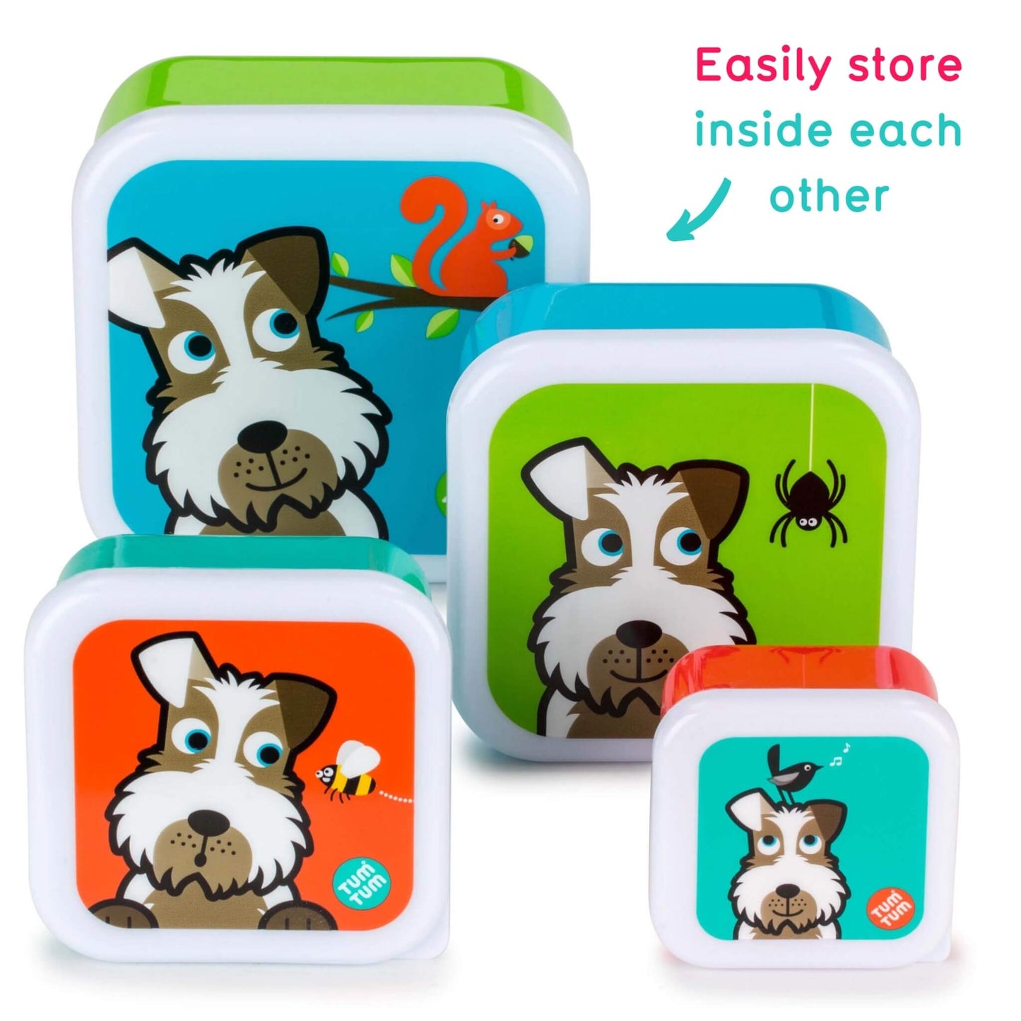 A set of colourful square plastic storage boxes with rounded corners, featuring cartoon dog illustrations and bright accent colours. One box has a green lid, one has a blue lid, one has an orange lid, and one has a teal lid.