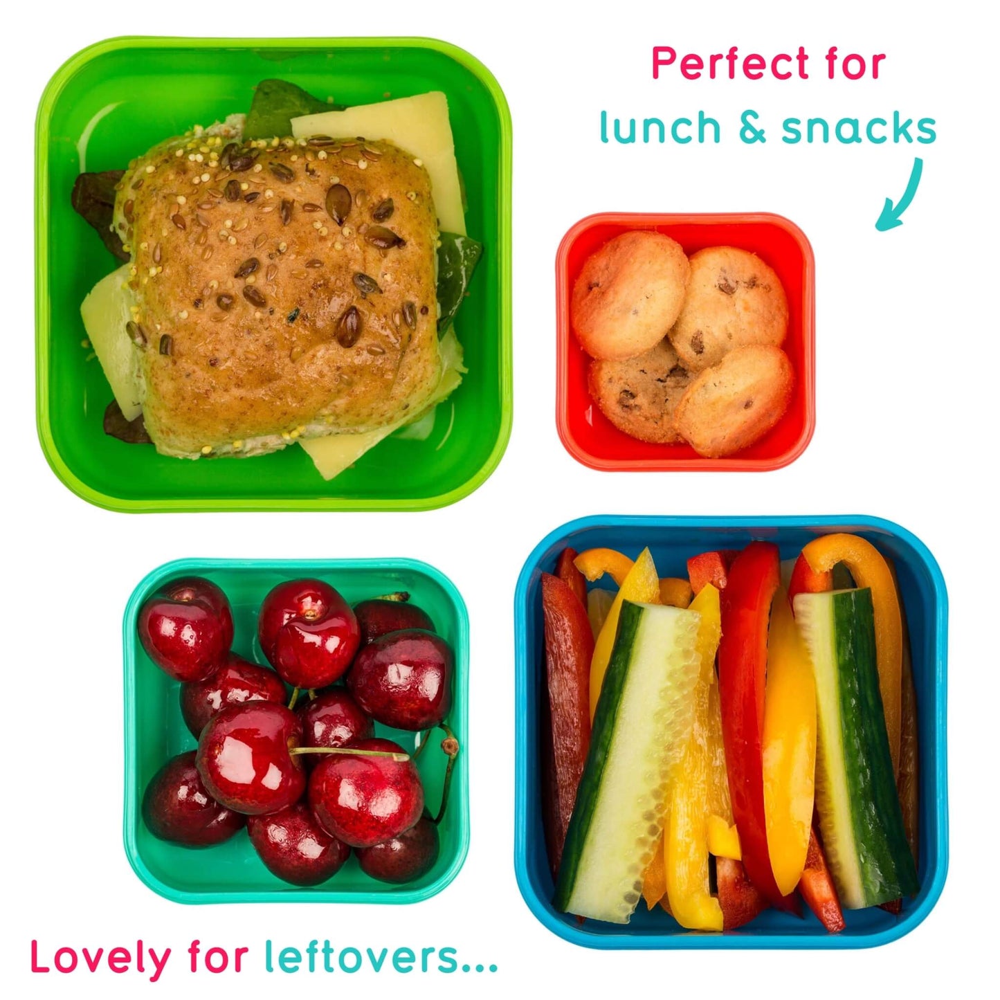 Four colourful bento-style lunch containers arranged on a white background, filled with a sandwich, small cookies, cherries, and sliced vegetables. Text reads 'Perfect for lunch & snacks' and 'Lovely for leftovers.