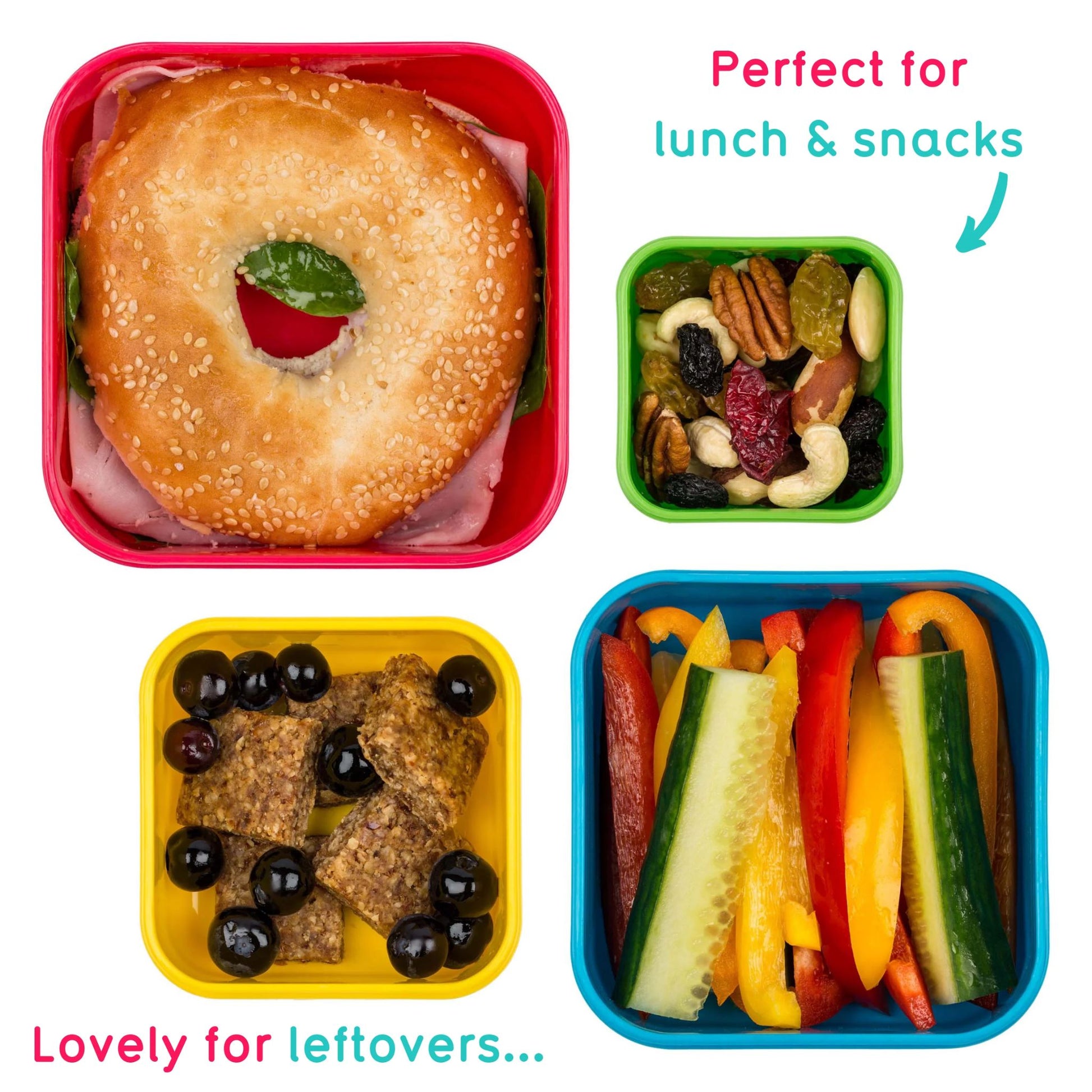 Set of Kids nesting snack pots filled with a bagel, trail mix, crackers, and veggies, ideal for lunch, snacks, or leftovers.