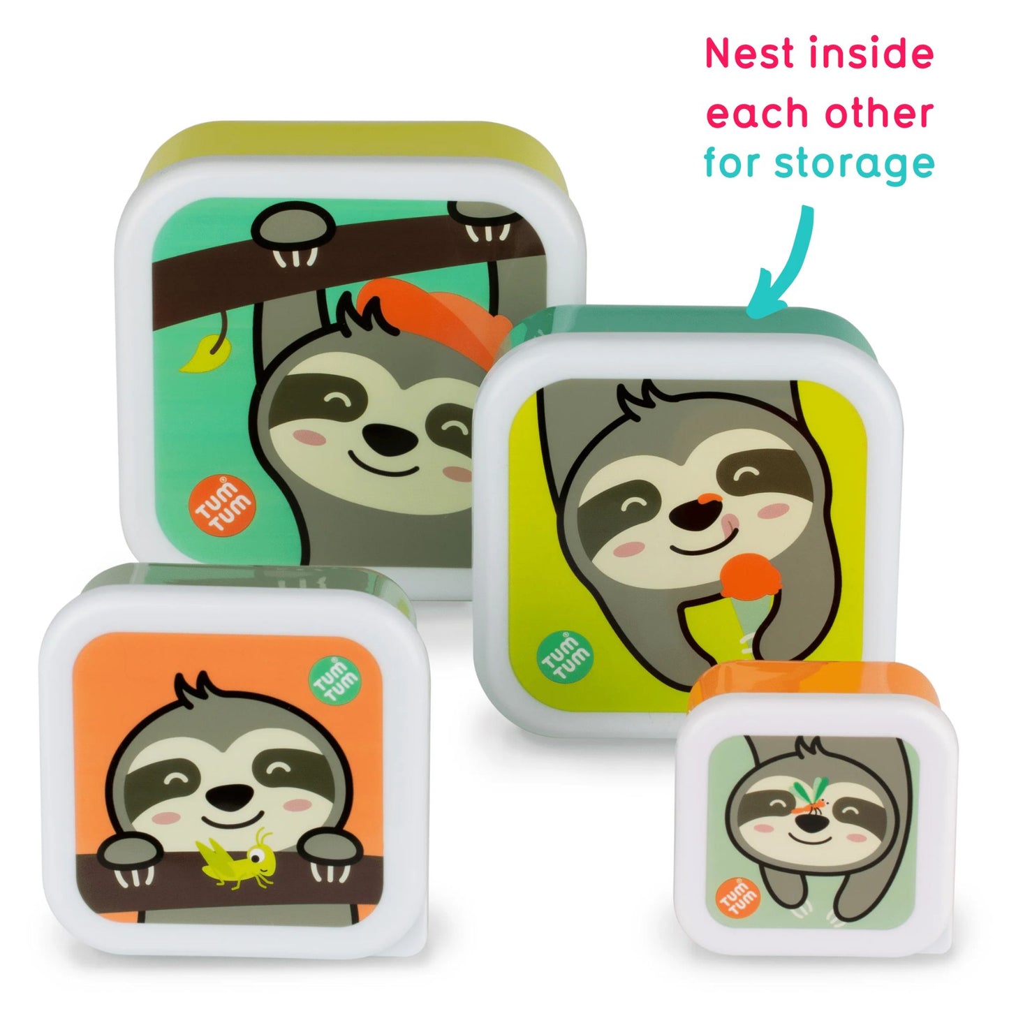 Set of 4 nesting Children's snack pots with Stanley Sloth design, easily stored inside each other, ideal for kids' snacks and lunches.