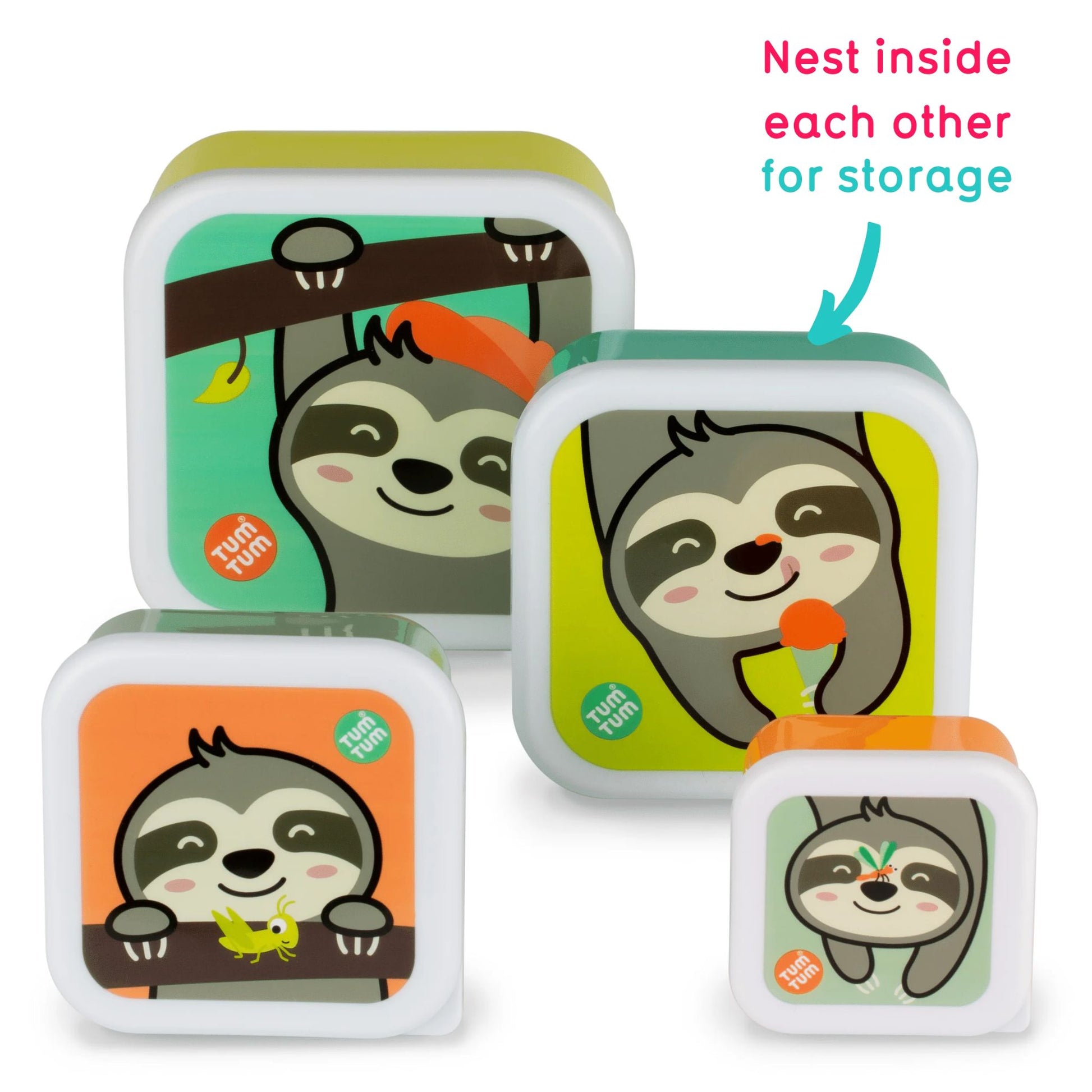 Set of 4 nesting Children's snack pots with Stanley Sloth design, easily stored inside each other, ideal for kids' snacks and lunches.
