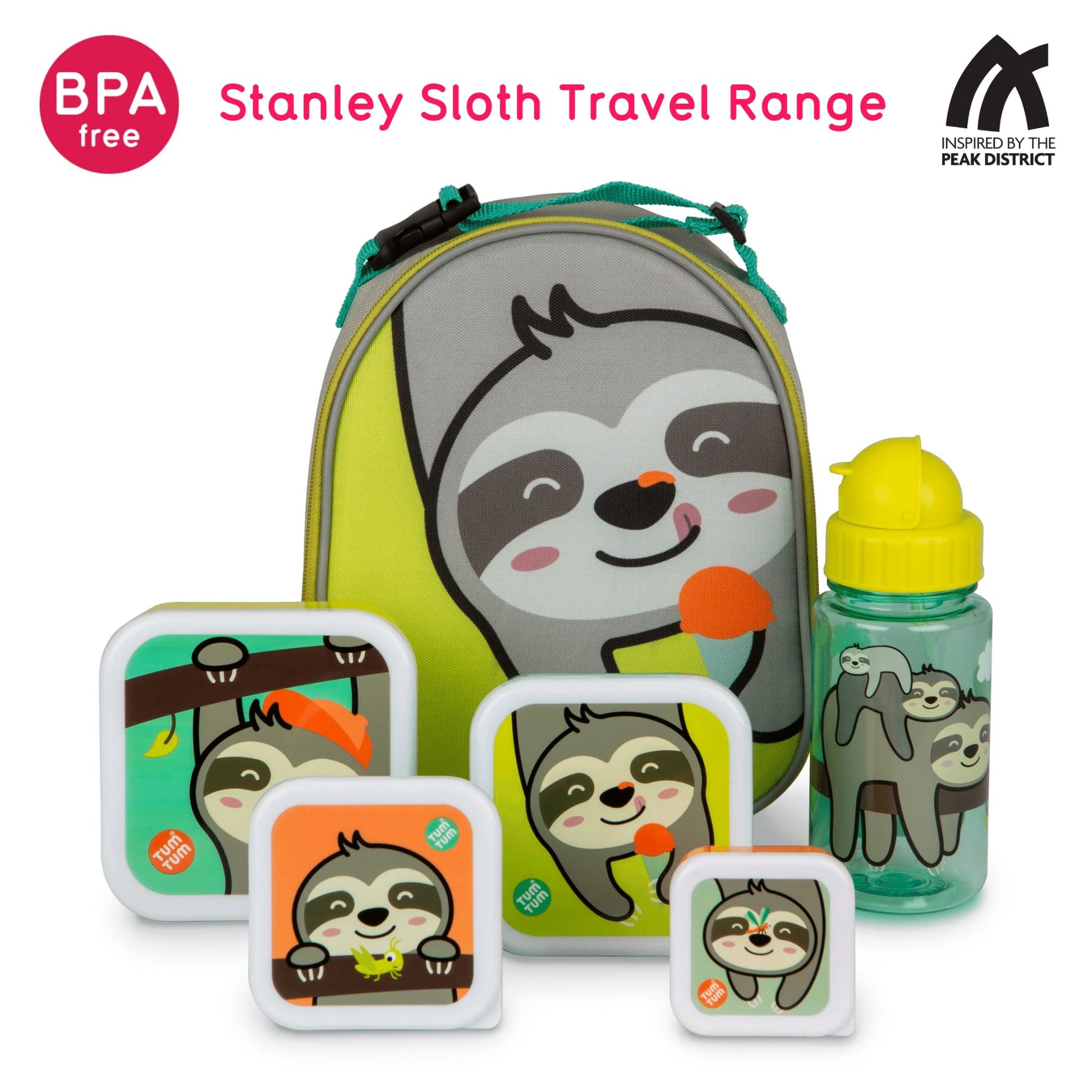 A children's lunch accessories travel range featuring BPA-free nesting snack pots, water bottle, and sloth lunch bag, perfect for kids on the go.