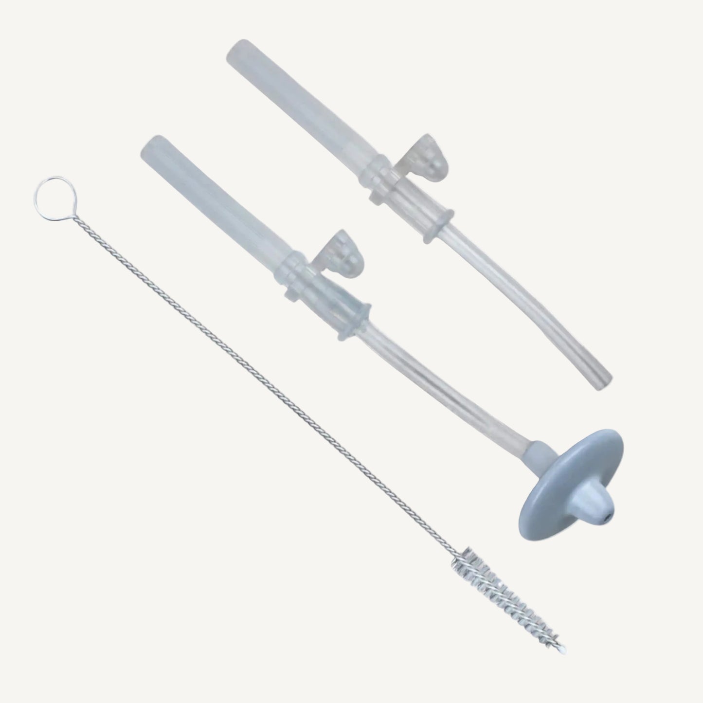 Two replacement weighted drinking straws with silicone tips and a narrow cleaning brush.