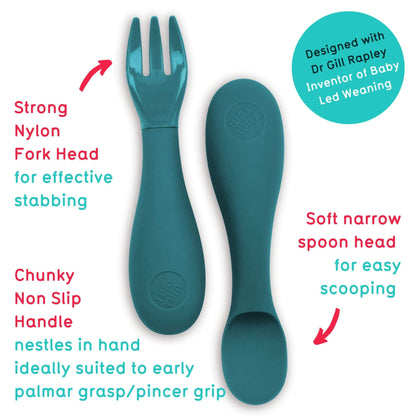A silicone cutlery set with blue spoon and fork, featuring a chunky non-slip handle and soft spoon head, ideal for baby-led weaning.