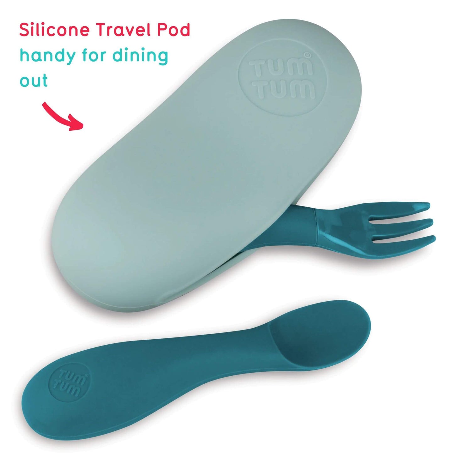 A silicone cutlery set with blue fork and spoon, featuring a handy silicone travel case, ideal for dining out with toddlers.