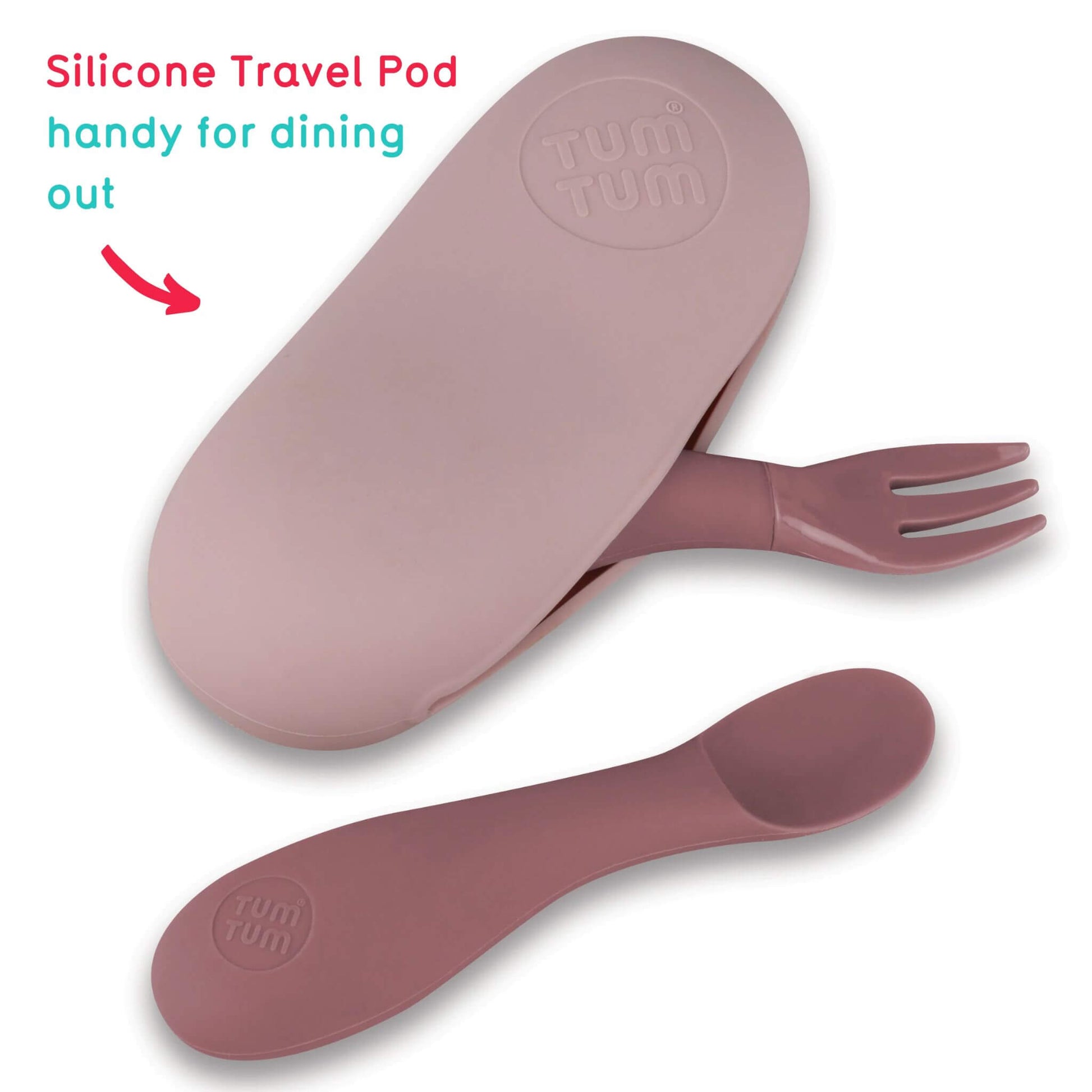 Children's silicone cutlery set with pink fork and spoon, featuring a handy silicone travel pod, ideal for dining out with toddlers.