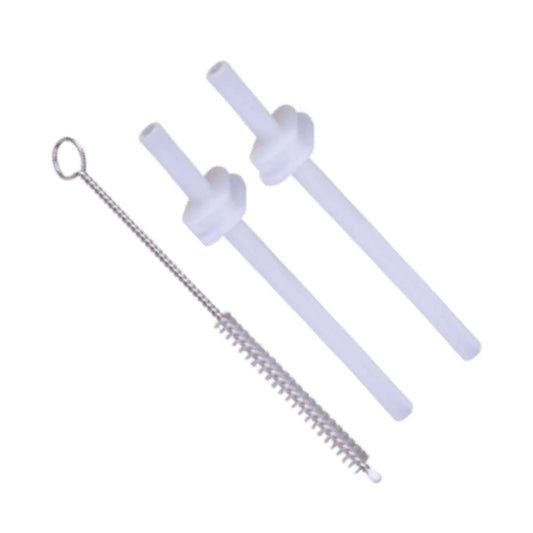 TUM TUM spare weighted straws and cleaning brush set for the 3 Way Trainer Cup, showing two replacement silicone straws and a slim straw cleaning brush.