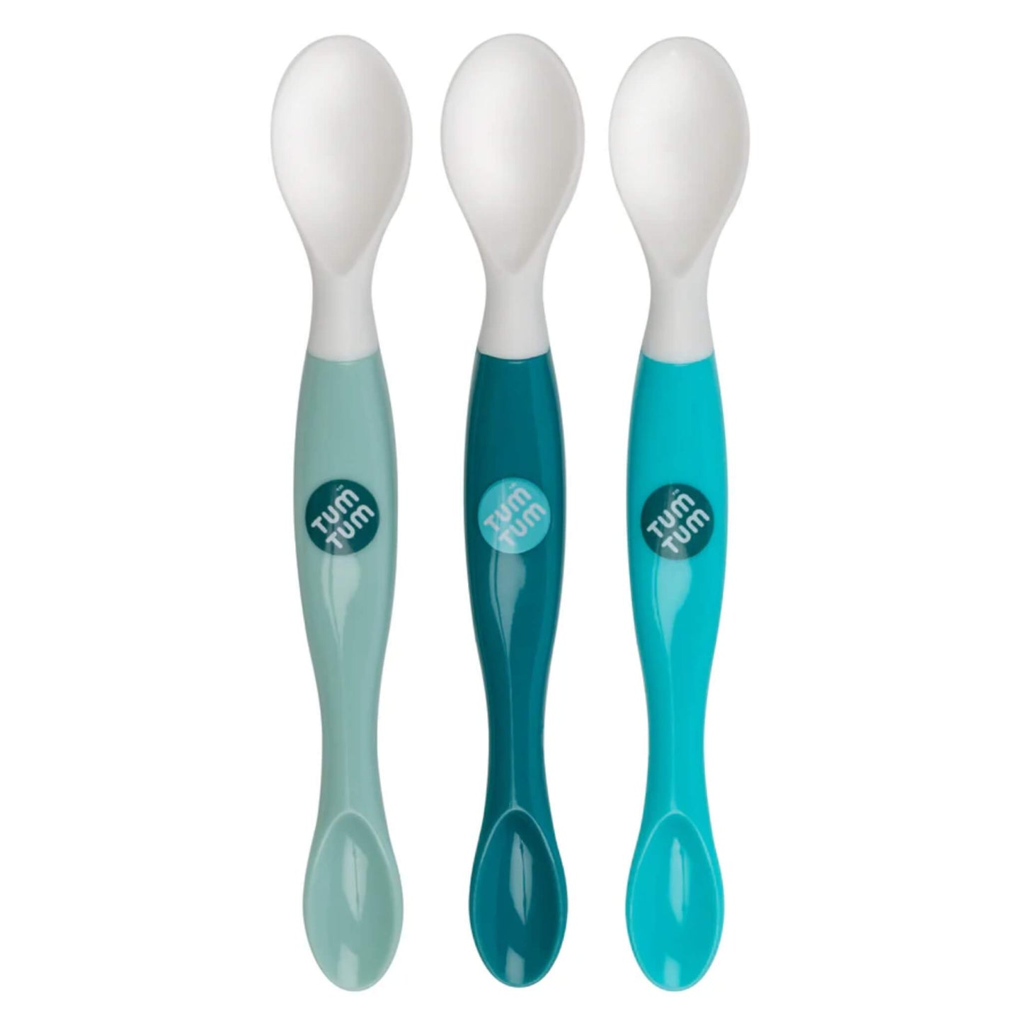 TUM TUM Swapsie Baby Weaning Spoons, showing three double-ended spoons with white spoon heads and blue, teal and aqua chunky handles arranged side by side.