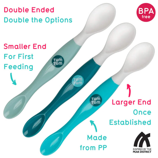 Three double-ended baby weaning spoons with white spoon heads and blue, teal and aqua handles, showing smaller spoon ends for early feeding and larger ends for later stages.