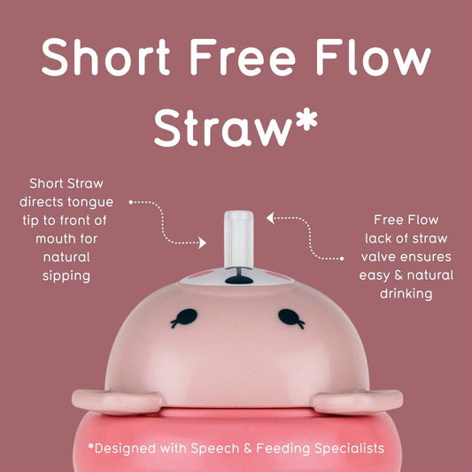 A pink sippy cup with a short straw design, shown on a dusty rose background with explanatory text about natural sipping and free flow drinking.