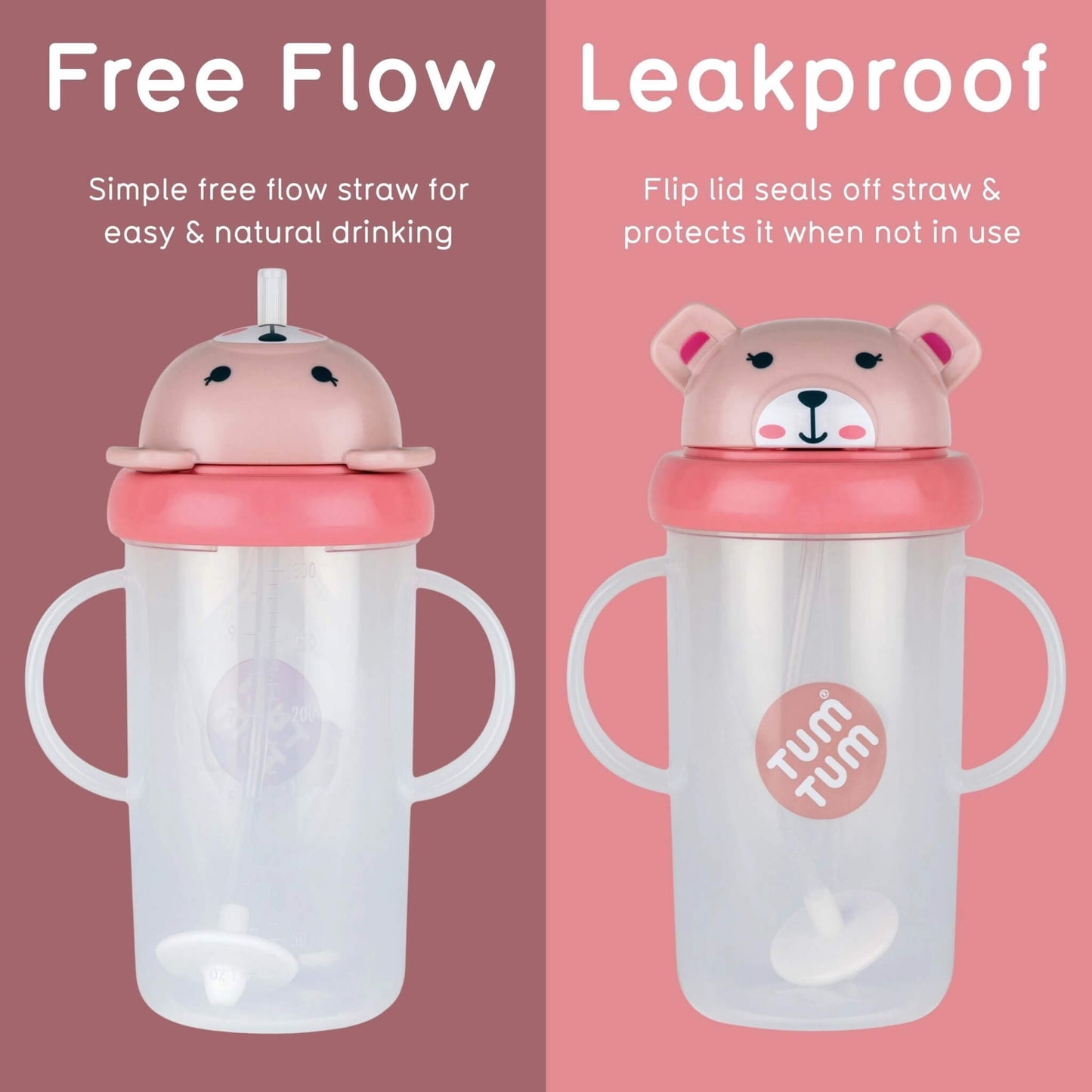 A side-by-side product comparison graphic showing a clear baby tumbler with a pink bear-shaped lid and white handles. The left panel is labelled 'Free Flow' with a straw and descriptive text, and the right panel is labelled 'Leakproof' with a flip lid and protective seal.