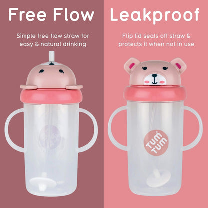 A side-by-side product comparison graphic showing a clear baby tumbler with a pink bear-shaped lid and white handles. The left panel is labelled 'Free Flow' with a straw and descriptive text, and the right panel is labelled 'Leakproof' with a flip lid and protective seal.
