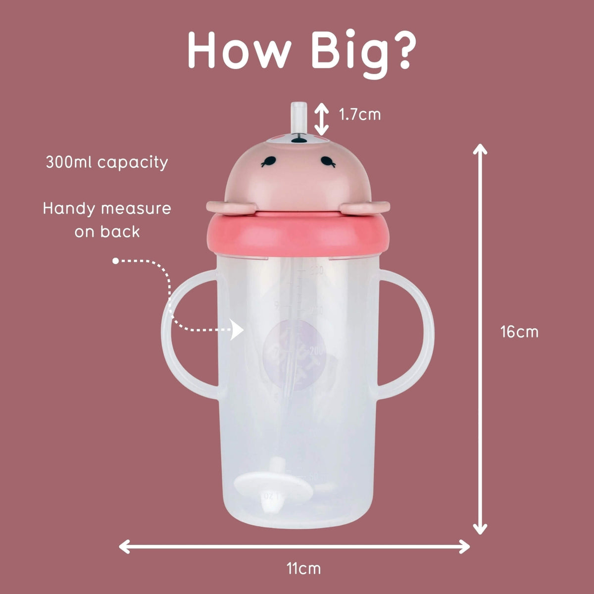 A baby tumbler with a pink animal-shaped lid and clear body, shown on a dusty rose background with measurement arrows and text reading 'How Big?' and dimensions 11cm, 16cm, and 1.7cm.
