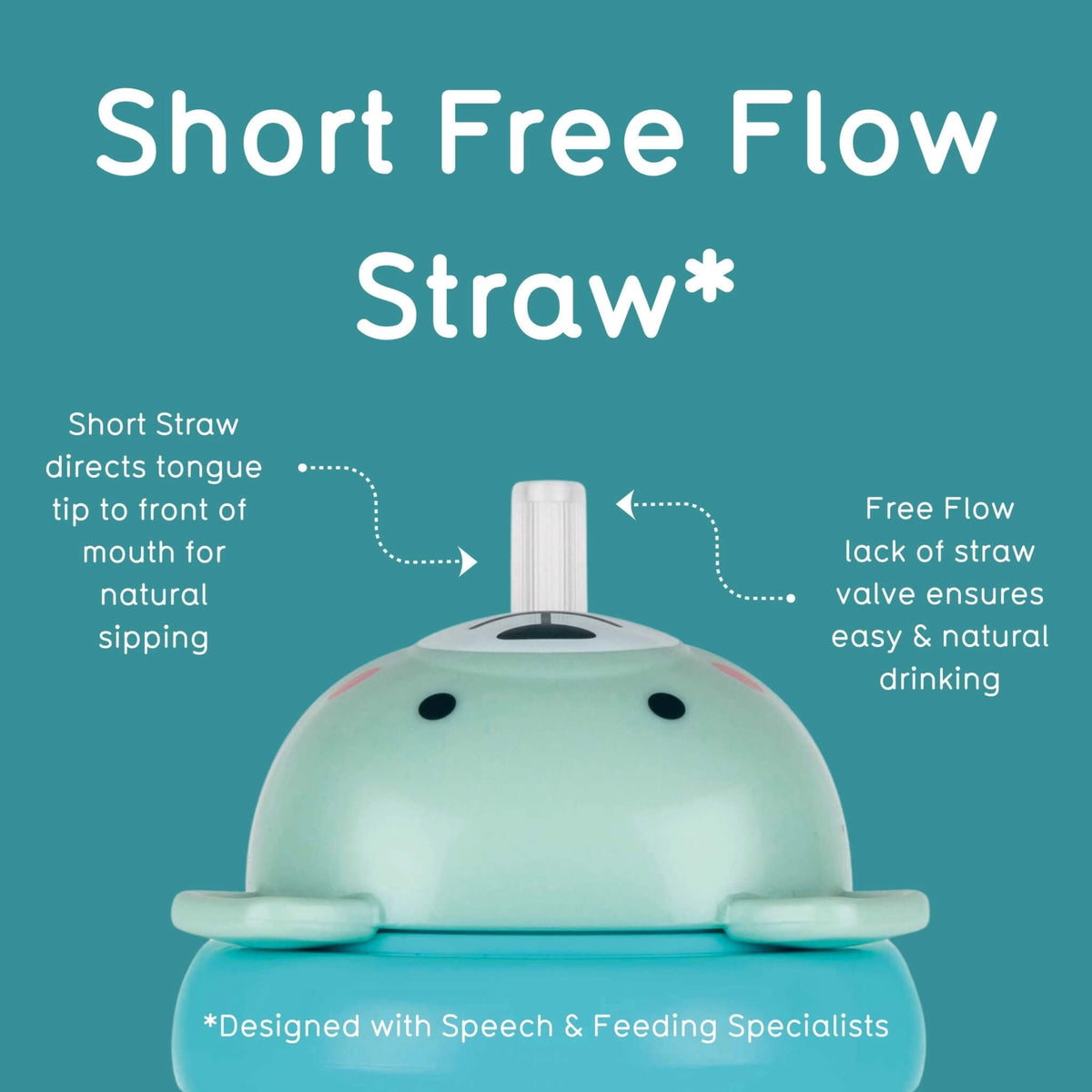 A TUM TUM sippy cup with a short straw, shown on a teal background with white text explaining the Short Free Flow design.
