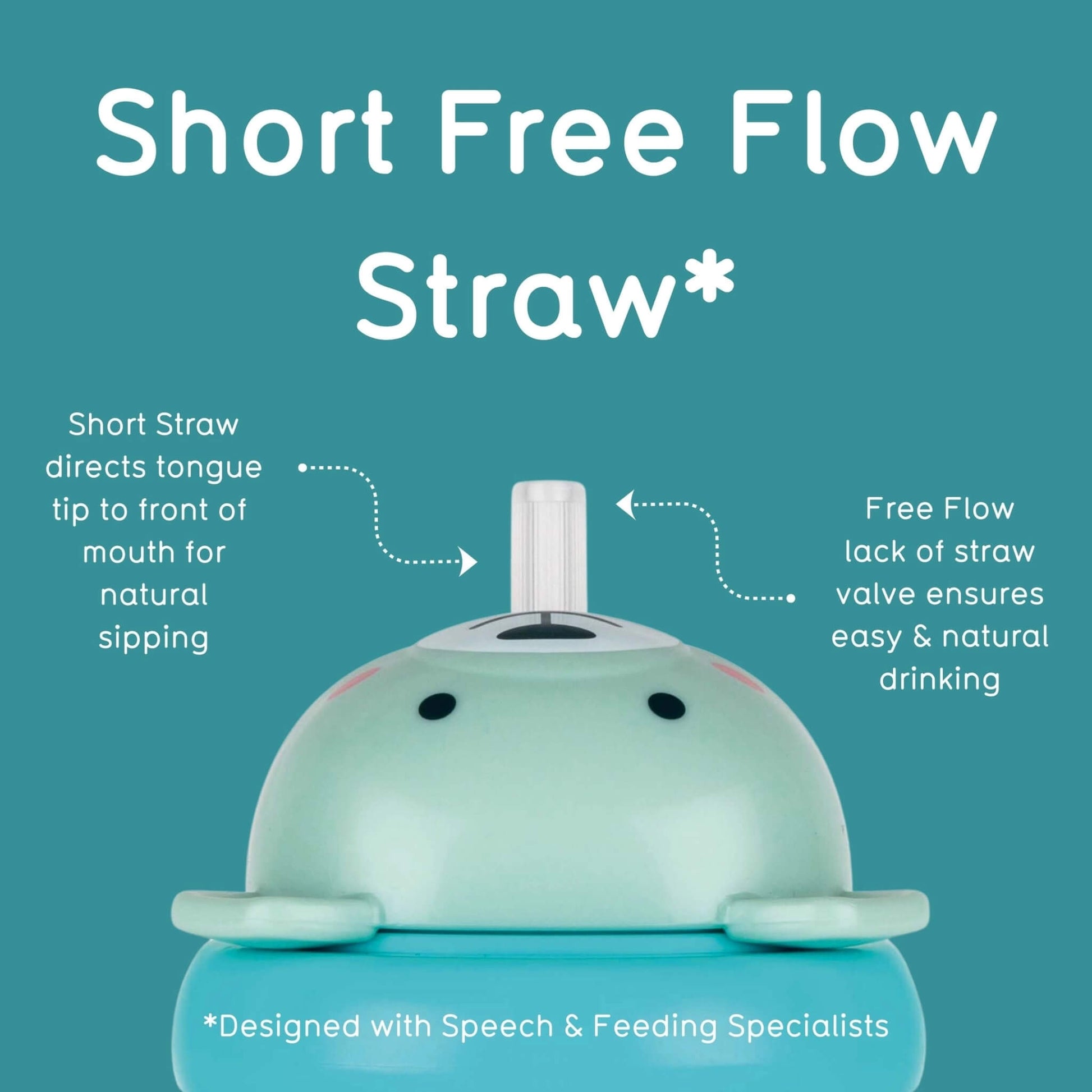 A TUM TUM sippy cup with a short straw, shown on a teal background with white text explaining the Short Free Flow design.
