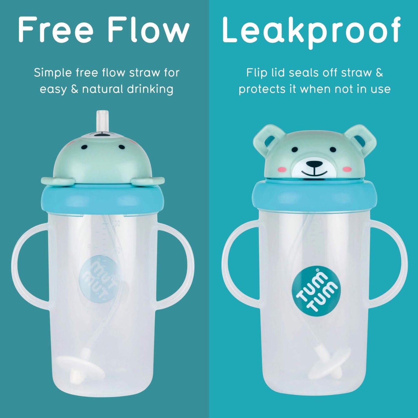 Two translucent sippy cups with side handles are shown side by side on a teal background, each with a light blue lid and bear face detail. The left cup has a simple straw lid with the text 'Free Flow' and 'Simple free flow straw for easy & natural drinking.