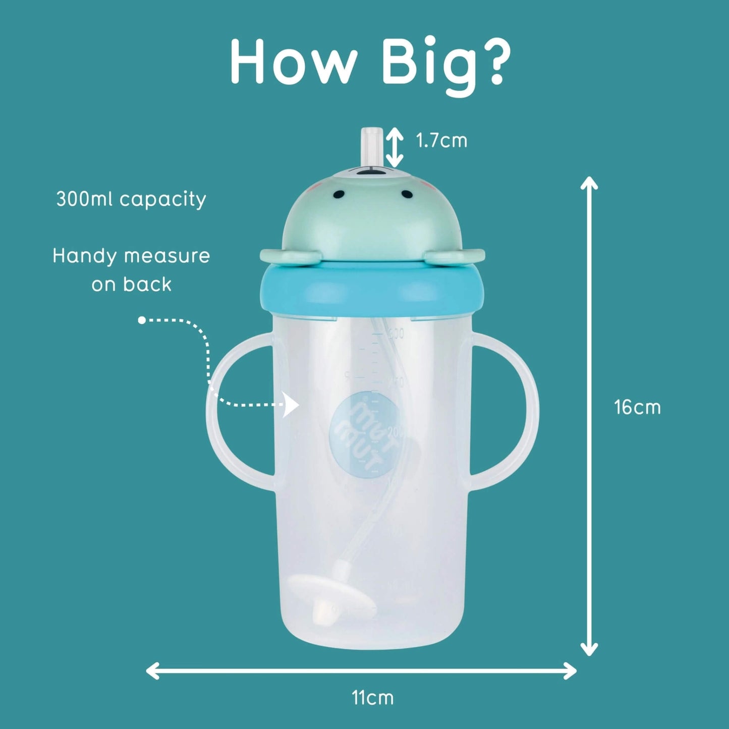 Measurement chart of a children's cup with dimensions and capacity details on a teal background
