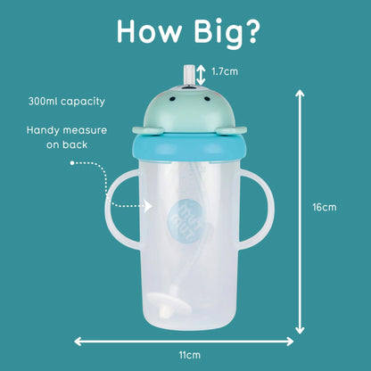 Measurement chart of a children's cup with dimensions and capacity details on a teal background