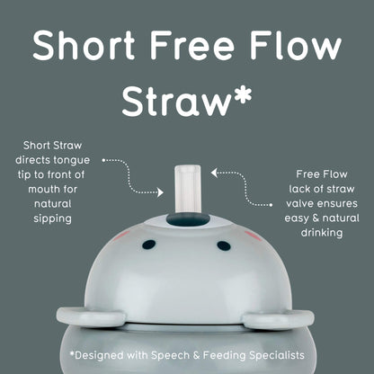 Koala themed lid of grey sippy up cup with text explaining 'Short Free Flow Straw' on a grey background.