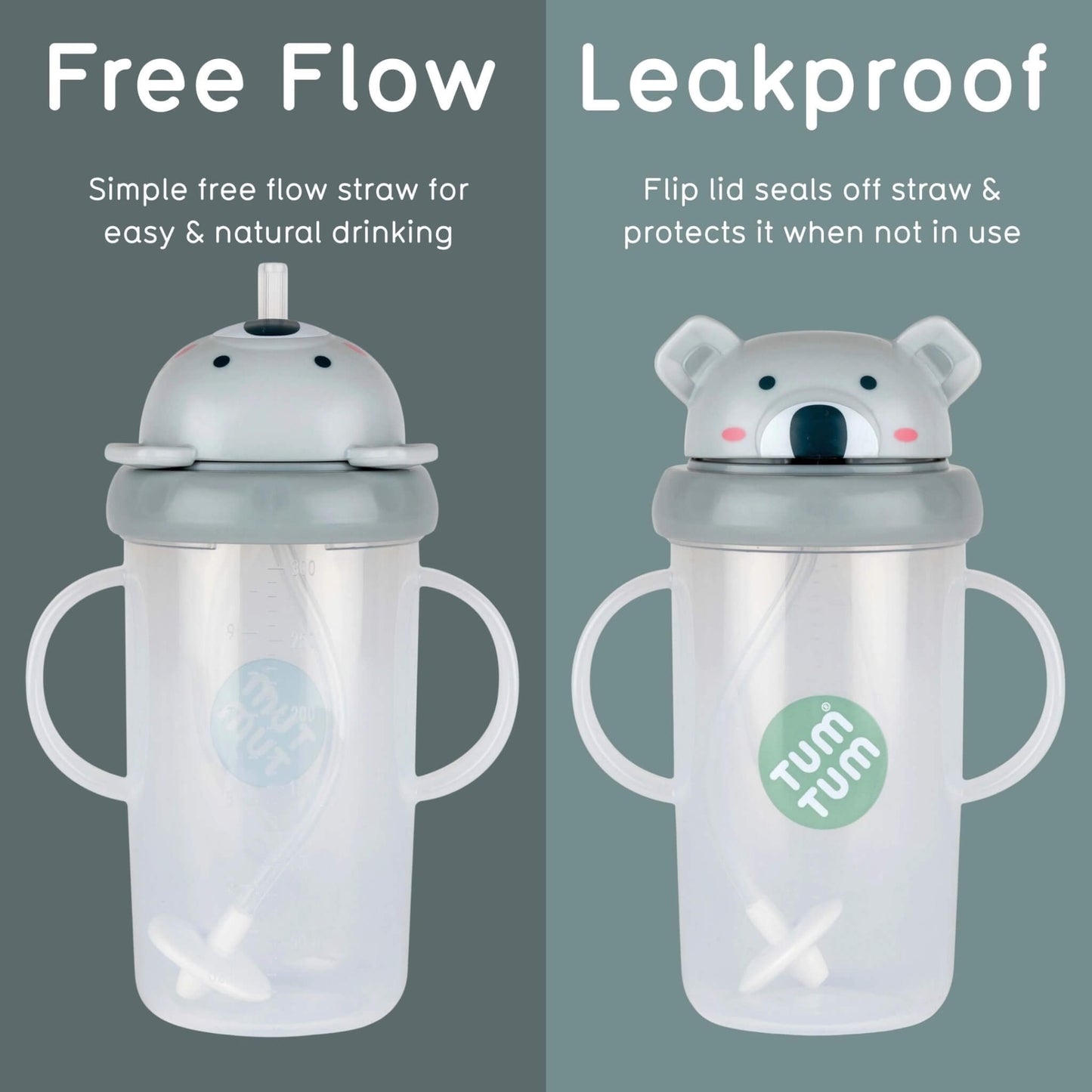 Two translucent baby sippy cups with handles and bear-shaped lids are shown side by side on a split grey background. The left cup is labelled 'Free Flow' with a light grey lid and straw, and the right cup is labelled 'Leakproof' with a matching light grey lid.
