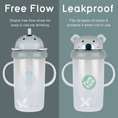 Two translucent baby sippy cups with handles and bear-shaped lids are shown side by side on a split grey background. The left cup is labelled 'Free Flow' with a light grey lid and straw, and the right cup is labelled 'Leakproof' with a matching light grey lid.