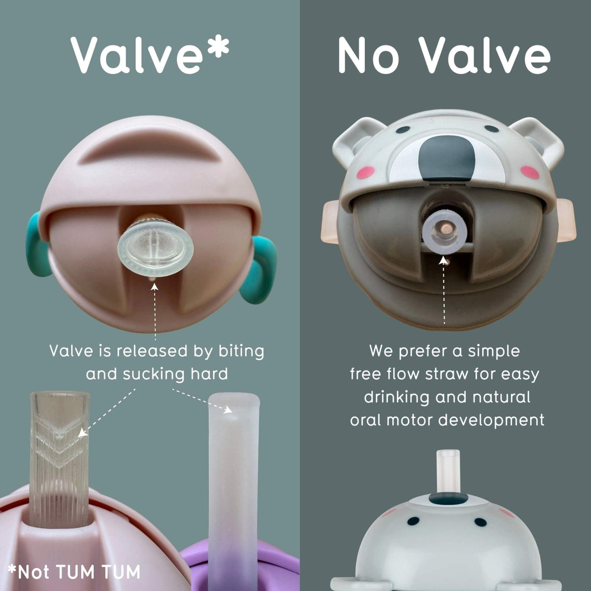 Comparison of a valve-equipped and valve-less straw sippy cup lid with text explaining their functions.