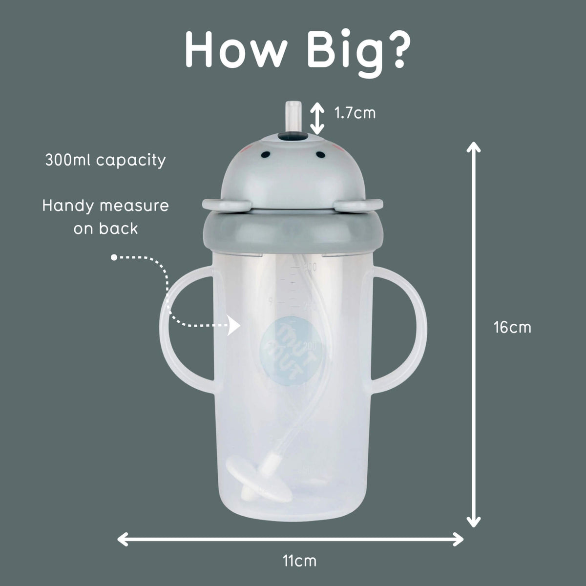 Measurement chart of a children's sippy cup with dimensions and capacity details on a dark grey background.