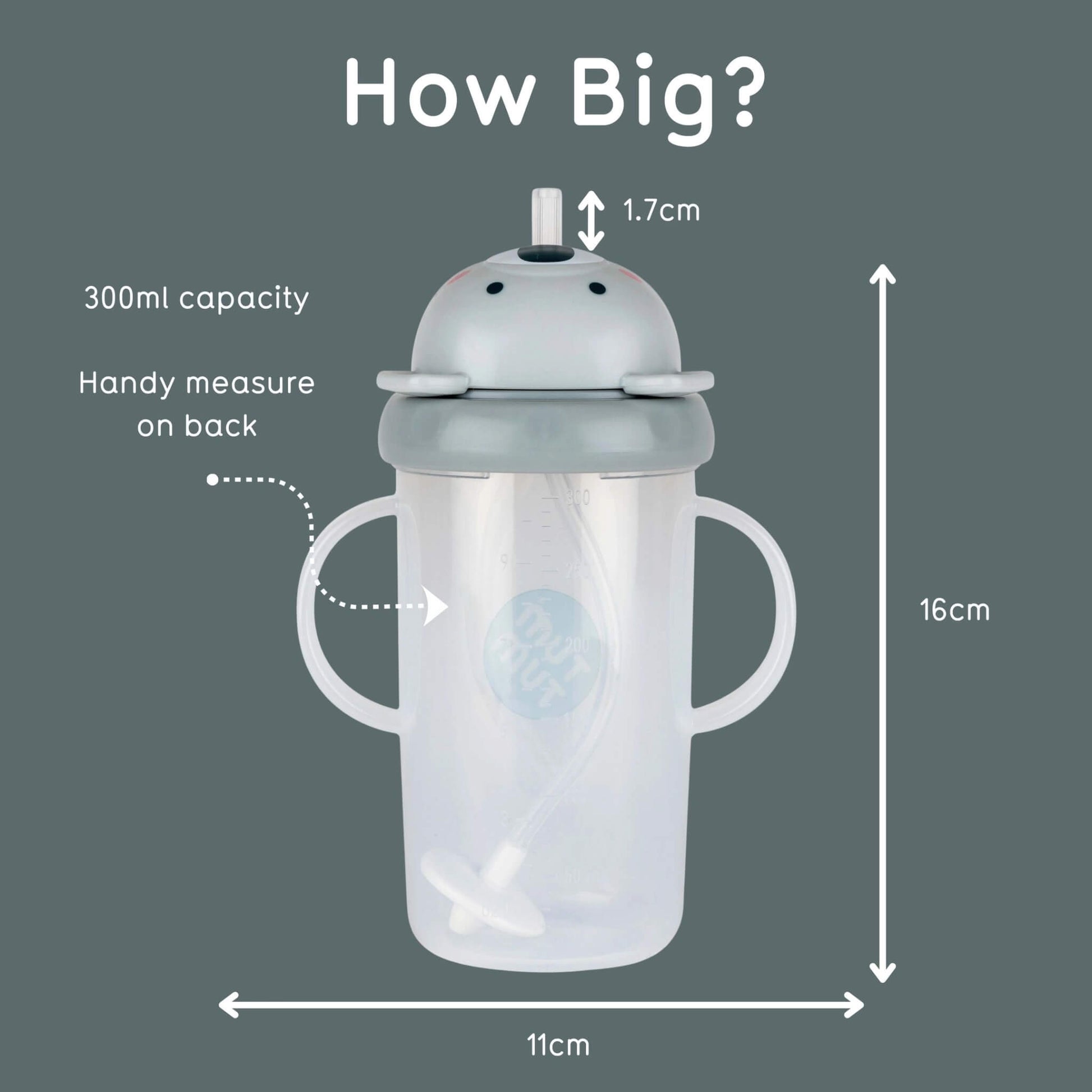Measurement chart of a children's sippy cup with dimensions and capacity details on a dark grey background.