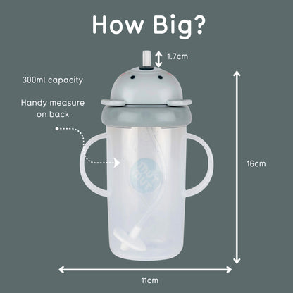 Measurement chart of a children's sippy cup with dimensions and capacity details on a dark grey background.