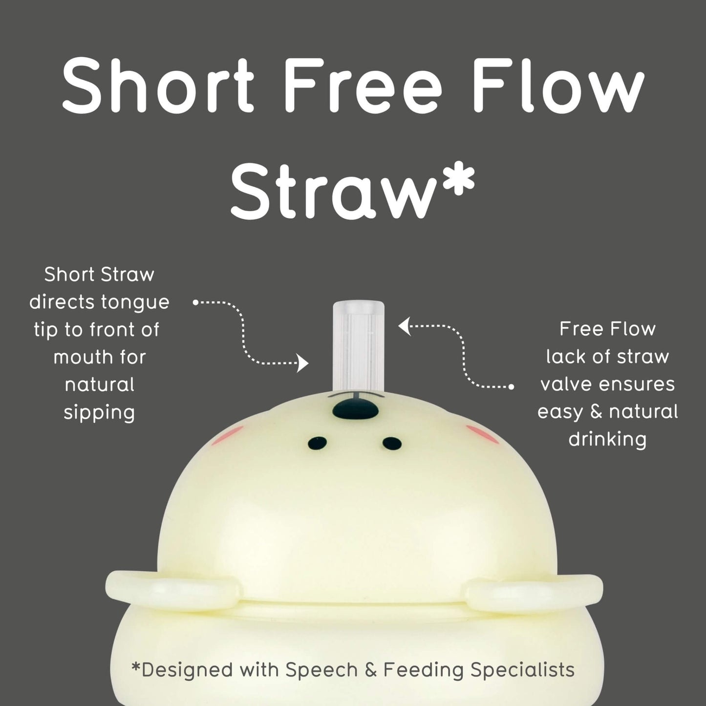 A glow-in-the-dark polar bear lid showing the short free-flow straw for natural sipping.
